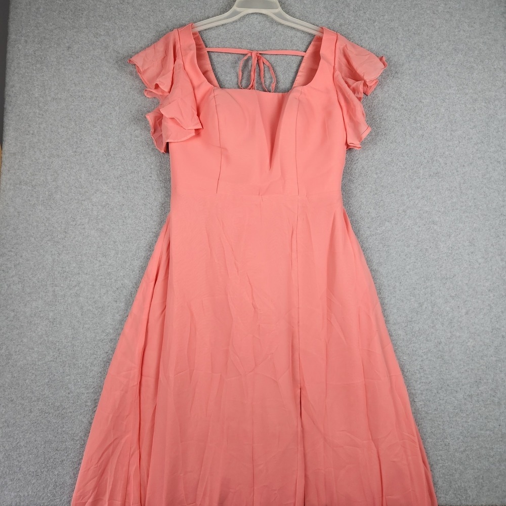 Womens Maxi‎ Dress 2 Coral Pink Wedding Lace Up Corset Back Flutter Sleeve Slit